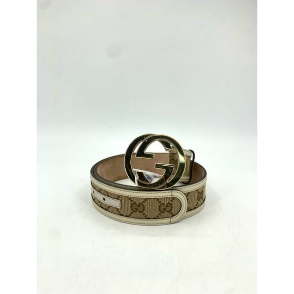 Gucci Beige & Brown GG Canvas Leather Belt With Goldtone Logo Buckle Size 80/32 - Picture 1 of 7